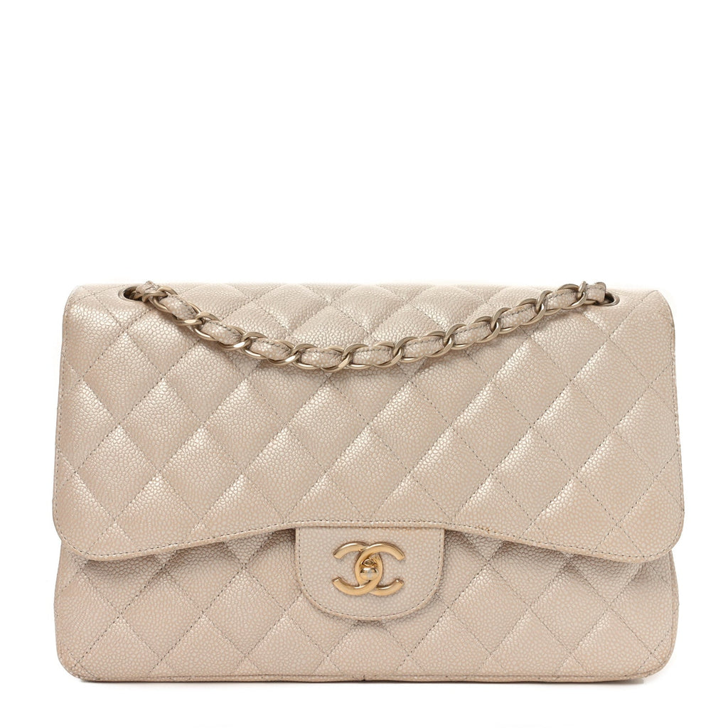 Chanel Iridescent Caviar Quilted Jumbo Double Flap Beige