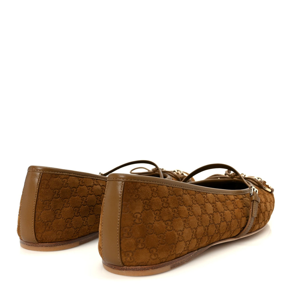 Gucci Kid Scamosciato Micro GG Monogram Horsebit Ballet Flats 37.5 Cuoio Dafne