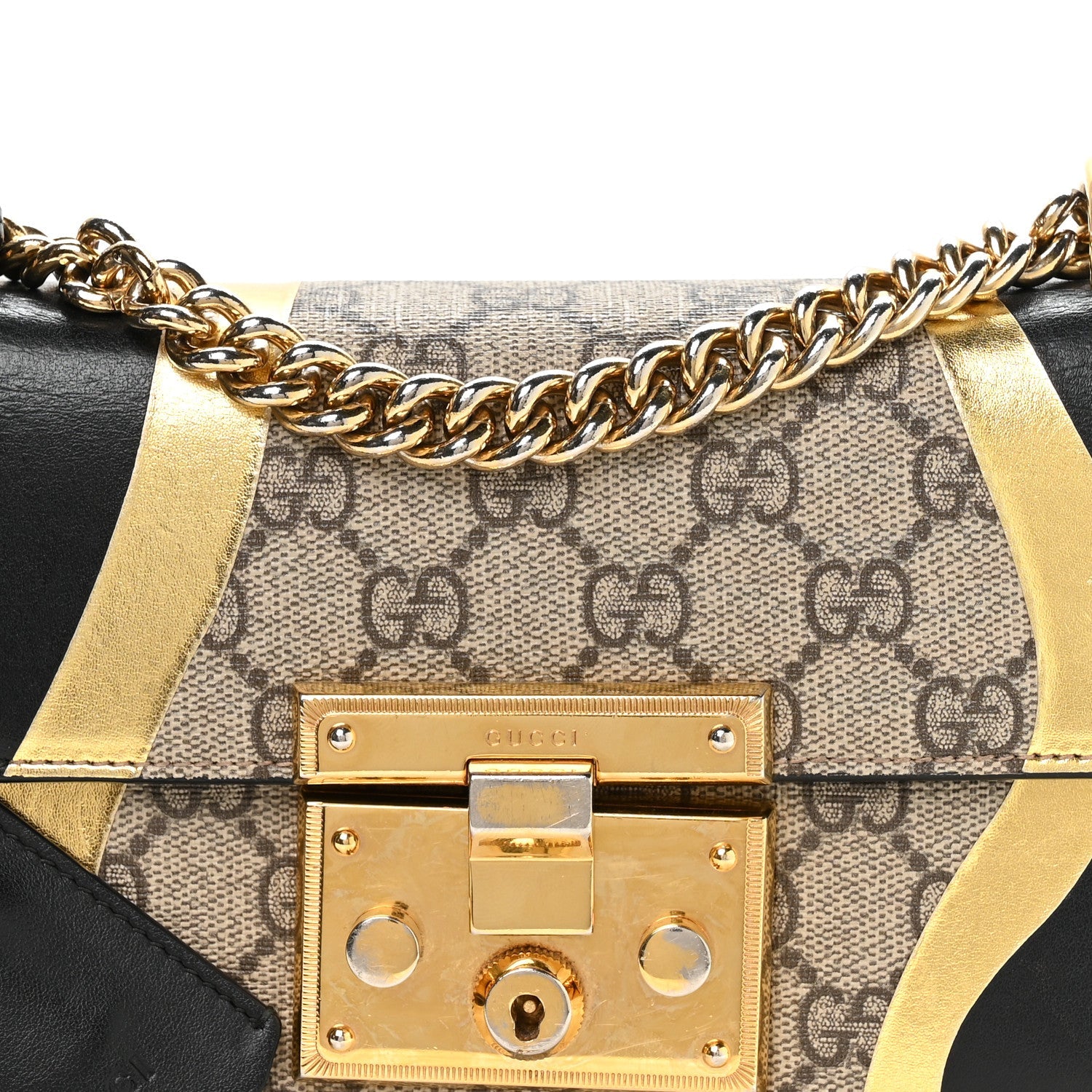 Gucci Calfskin GG Supreme Monogram Small Padlock Shoulder Bag Black Gold