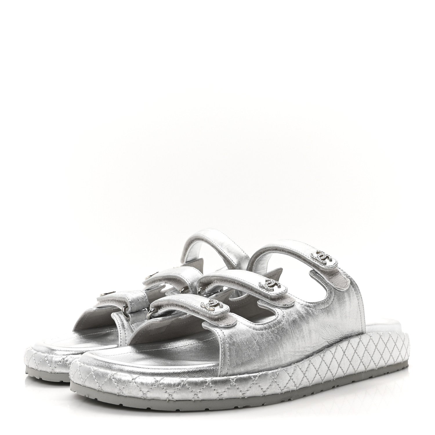 Laminated Lambskin Quilted Velcro Crystal CC Dad Slide Sandals 40 Silver