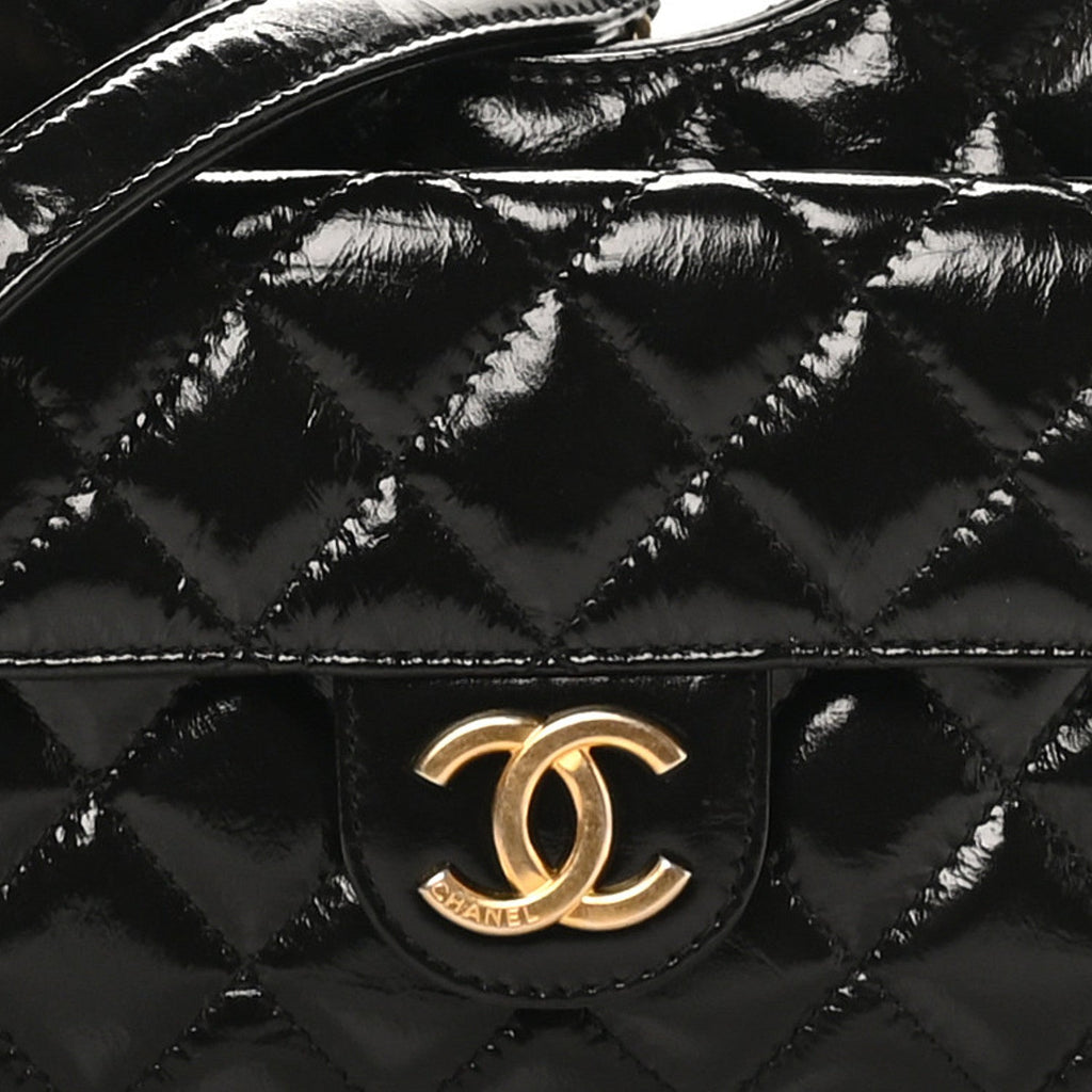 Chanel Shiny Crumpled Calfskin Quilted Small Wavy CC Hobo Black