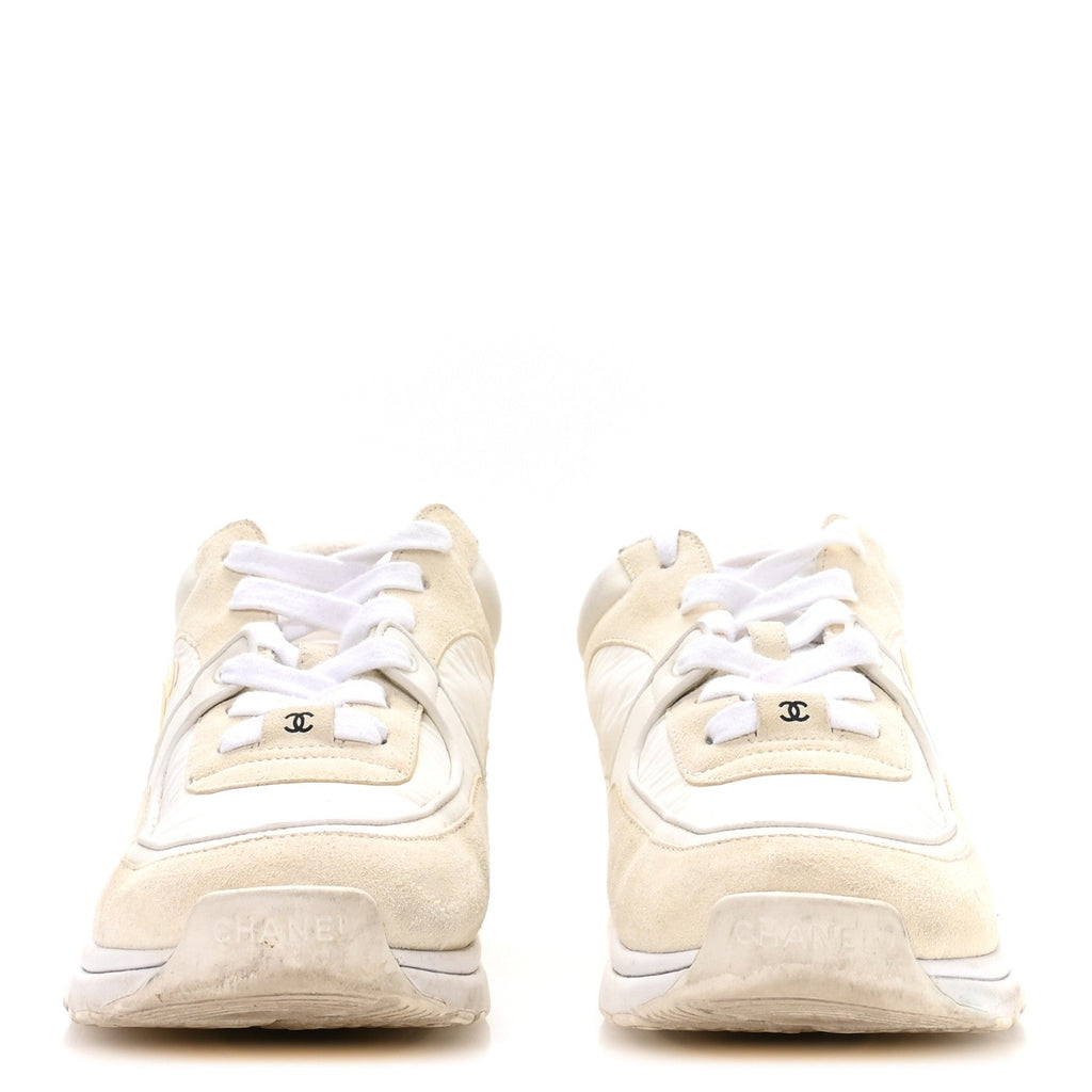 Chanel Suede Calfskin Fabric CC Sneakers 42 White