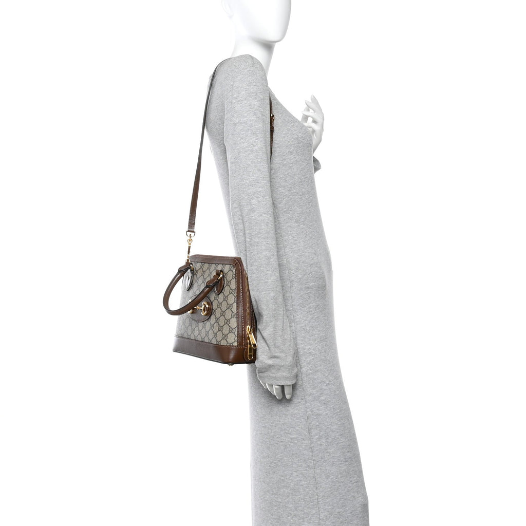 Gucci GG Supreme Monogram Azalea Calfskin Small Horsebit 1955 Top Handle Bag Beige Ebony Brown Sugar