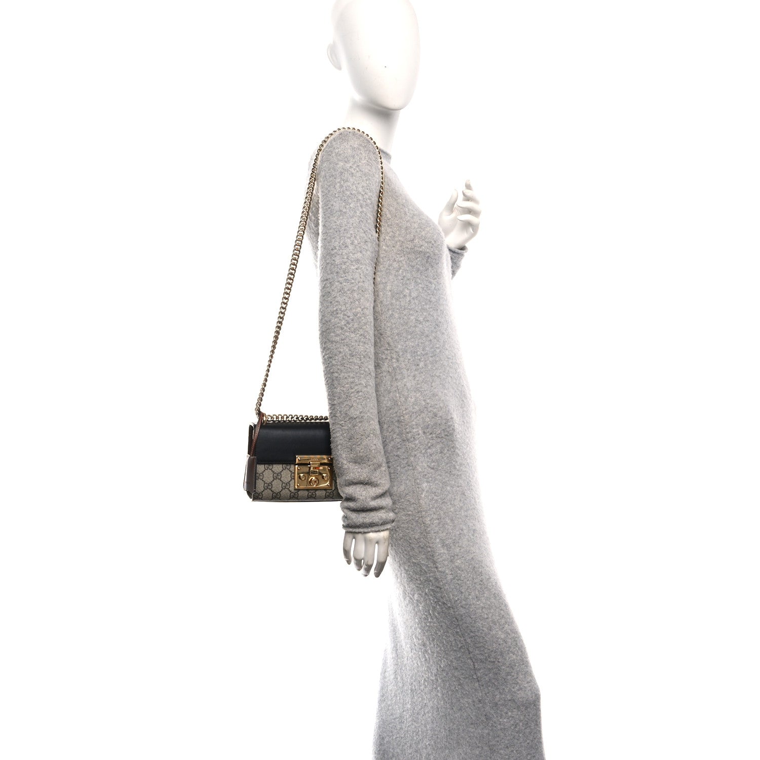 Gucci GG Supreme Monogram Calfskin Small Padlock Shoulder Bag Beige Black Cuir