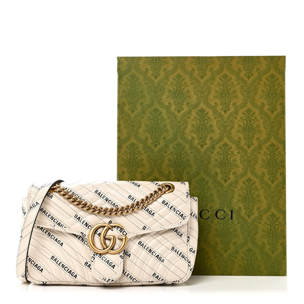 Gucci X BALENCIAGA Calfskin Matelasse Logo Print Small GG Marmont Shoulder Bag White