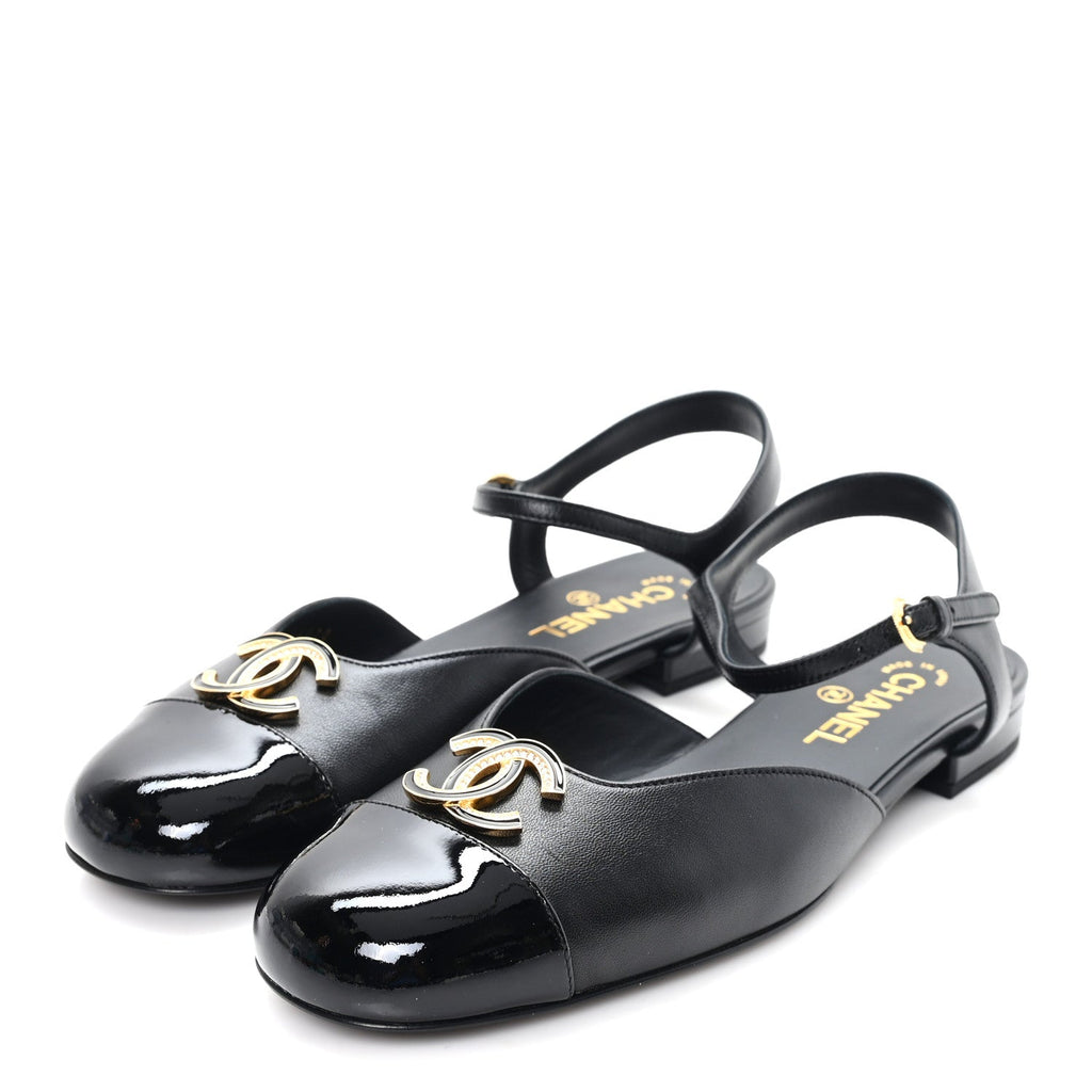 Lambskin Patent Cap Toe Crystal Enamel CC Mary Jane Slingback Flats 39.5 Black