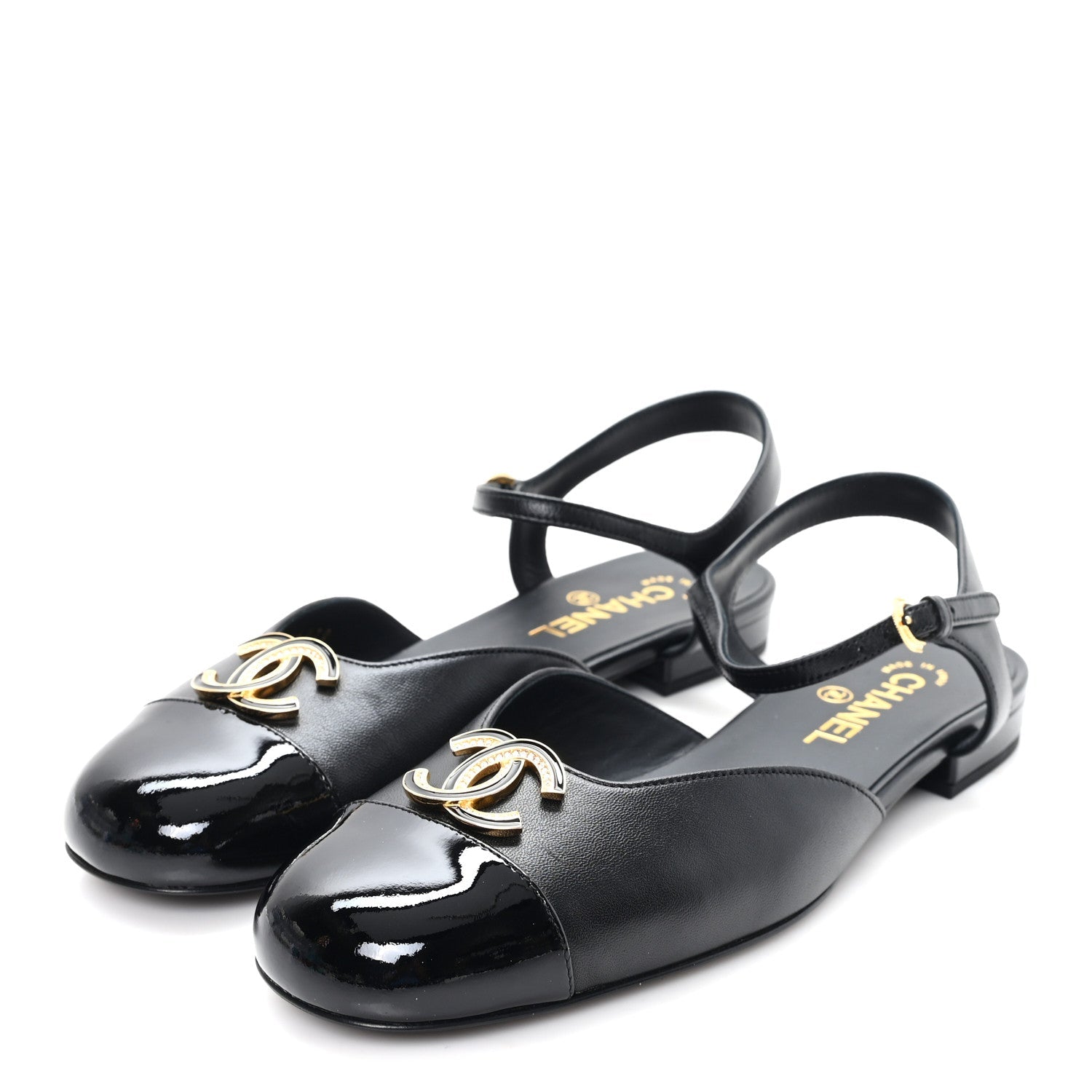 Lambskin Patent Cap Toe Crystal Enamel CC Mary Jane Slingback Flats 39.5 Black
