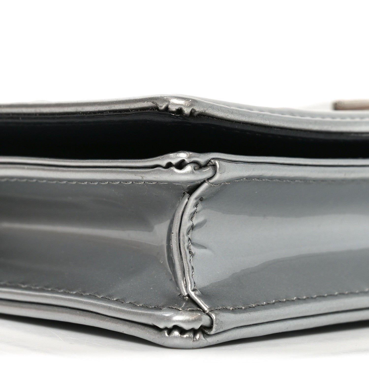 Christian Dior Metallic Patent Micro-Cannage Diorama Wallet on Chain Pouch Silver