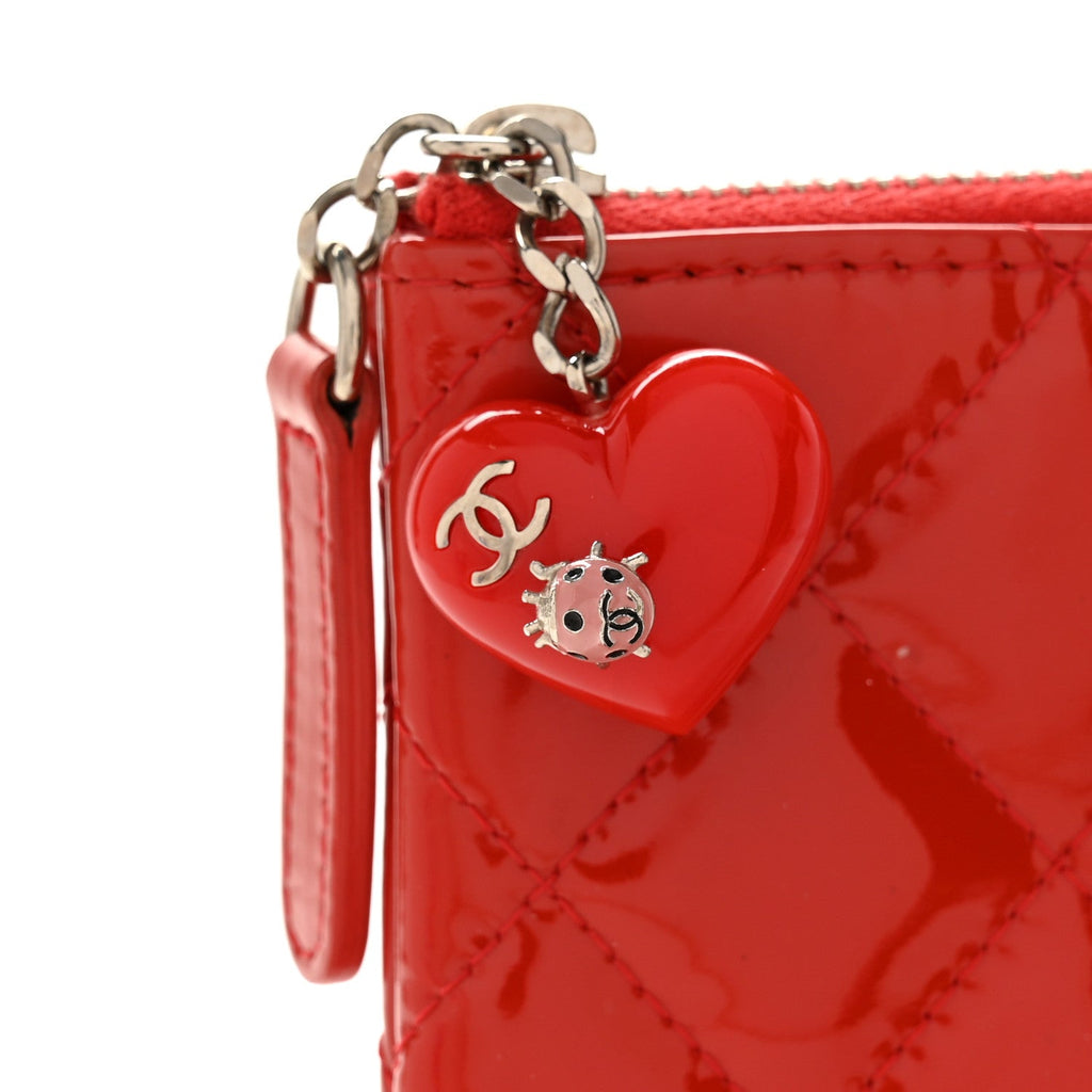 Patent Calfskin Quilted Valentine Hearts Medium O Cosmetic Case Red