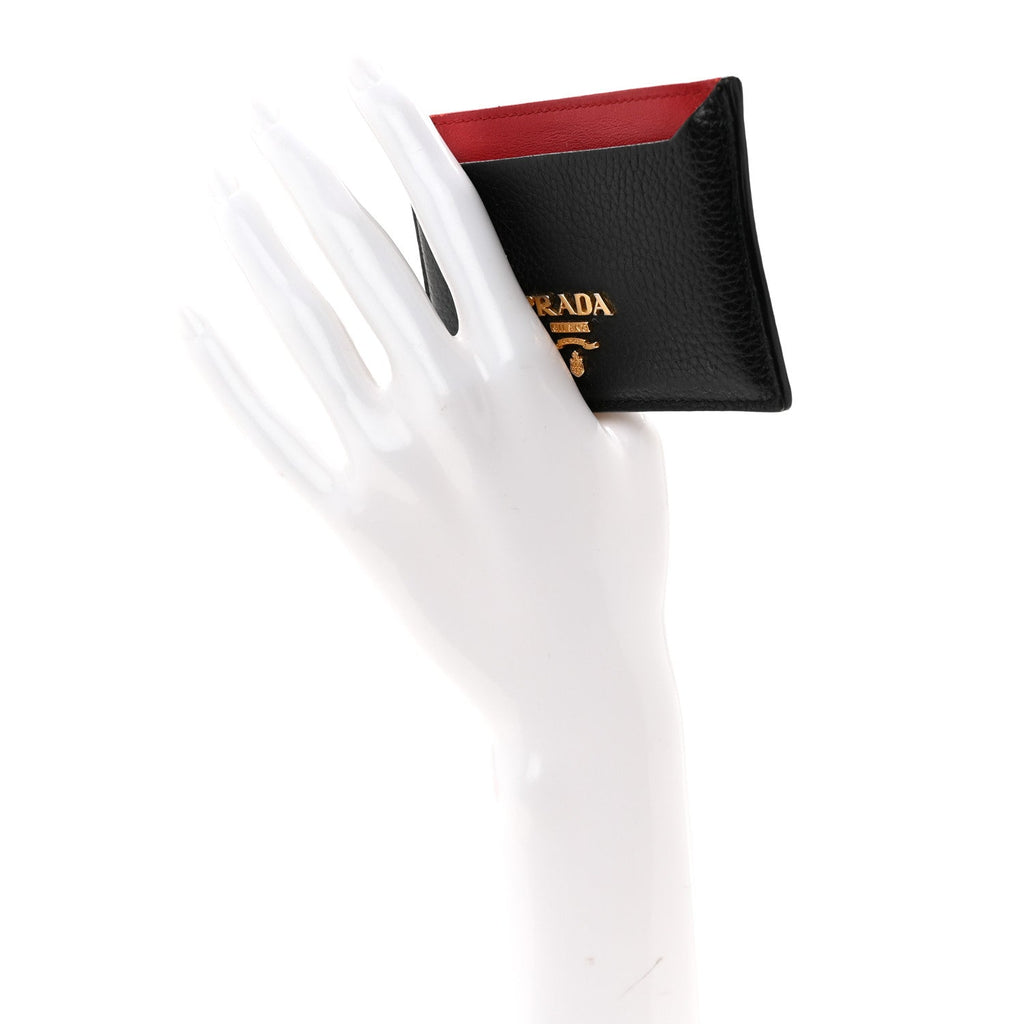 Prada Vitello Grain Metal Card Holder Black Fuoco