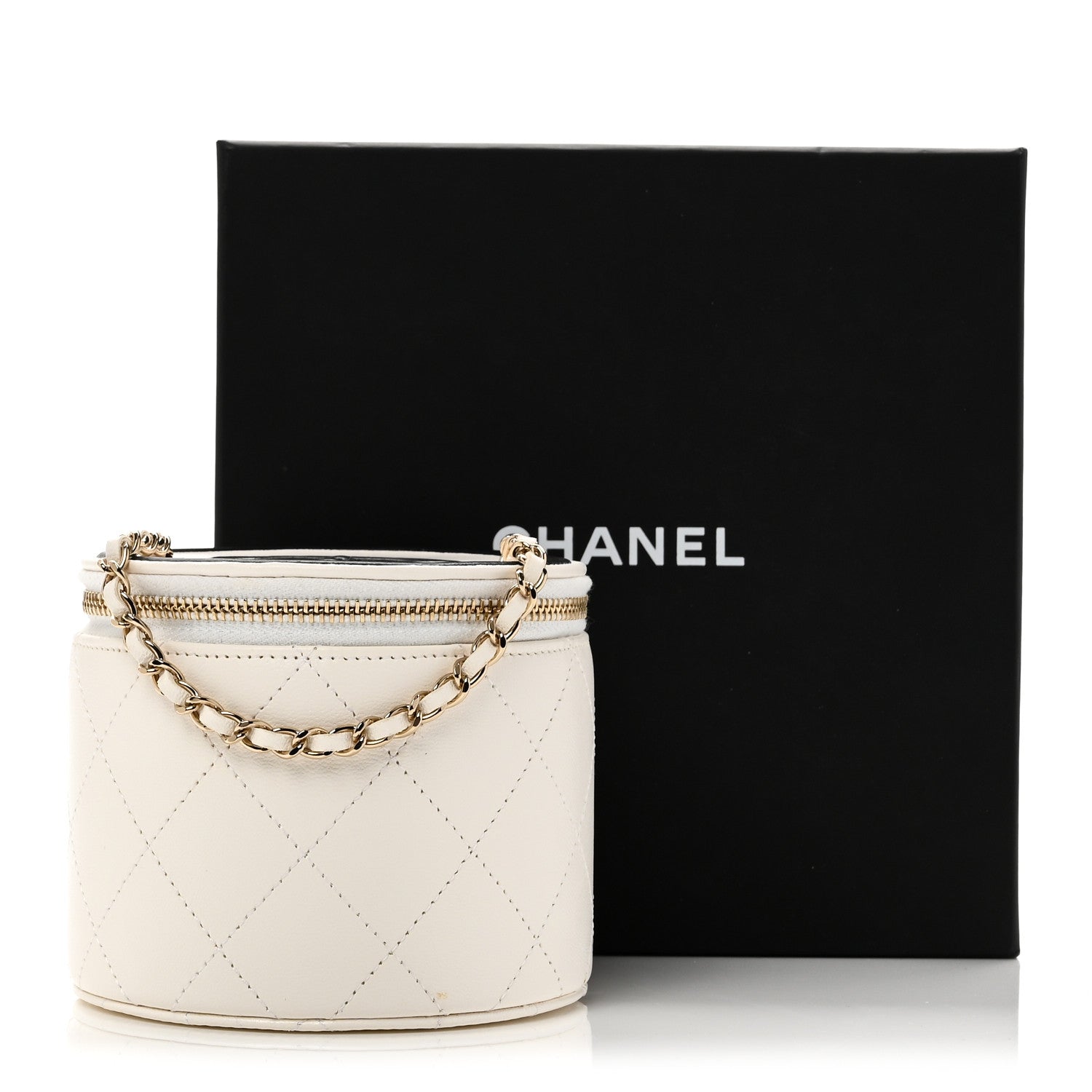 Chanel Lambskin Quilted Round Small Vanity Case With Chain White Black