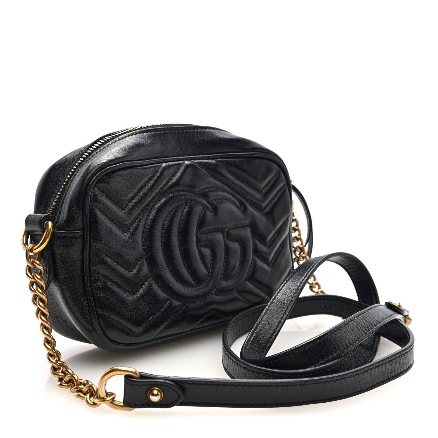 Gucci Calfskin Matelasse Mini GG Marmont Chain Shoulder Bag Black
