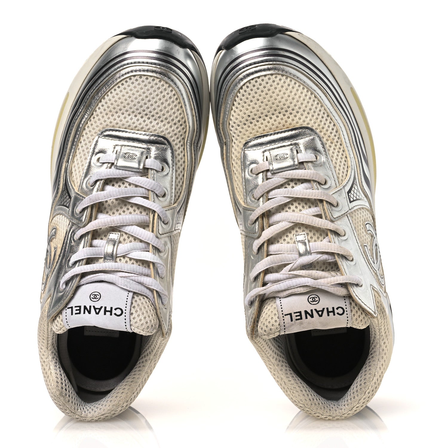 Fabric Laminated Calfskin Stretch CC Womens Sneakers 38.5 White Gold Silver