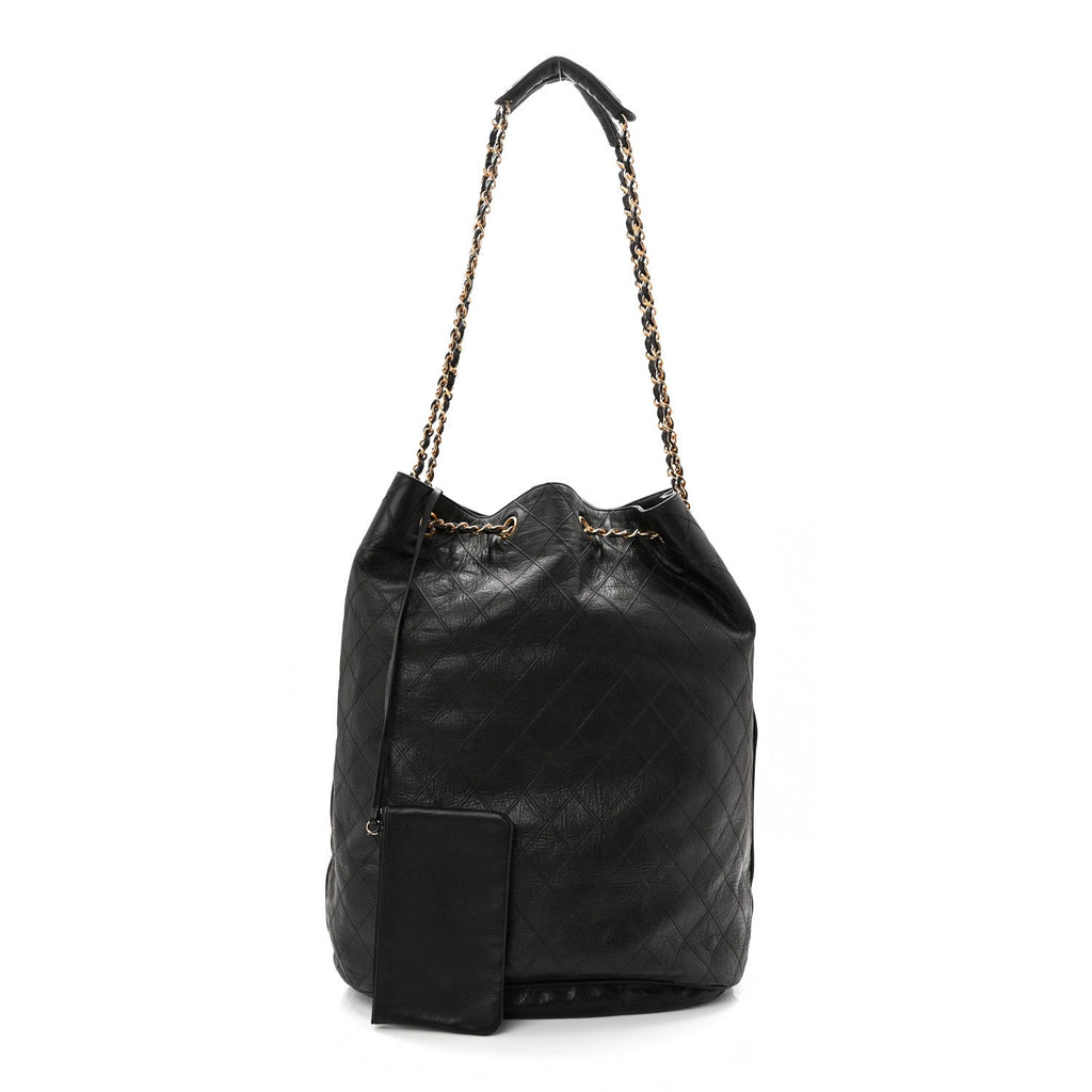 Chanel Grained Calfskin Quilted Drawstring Bucket Bag Black