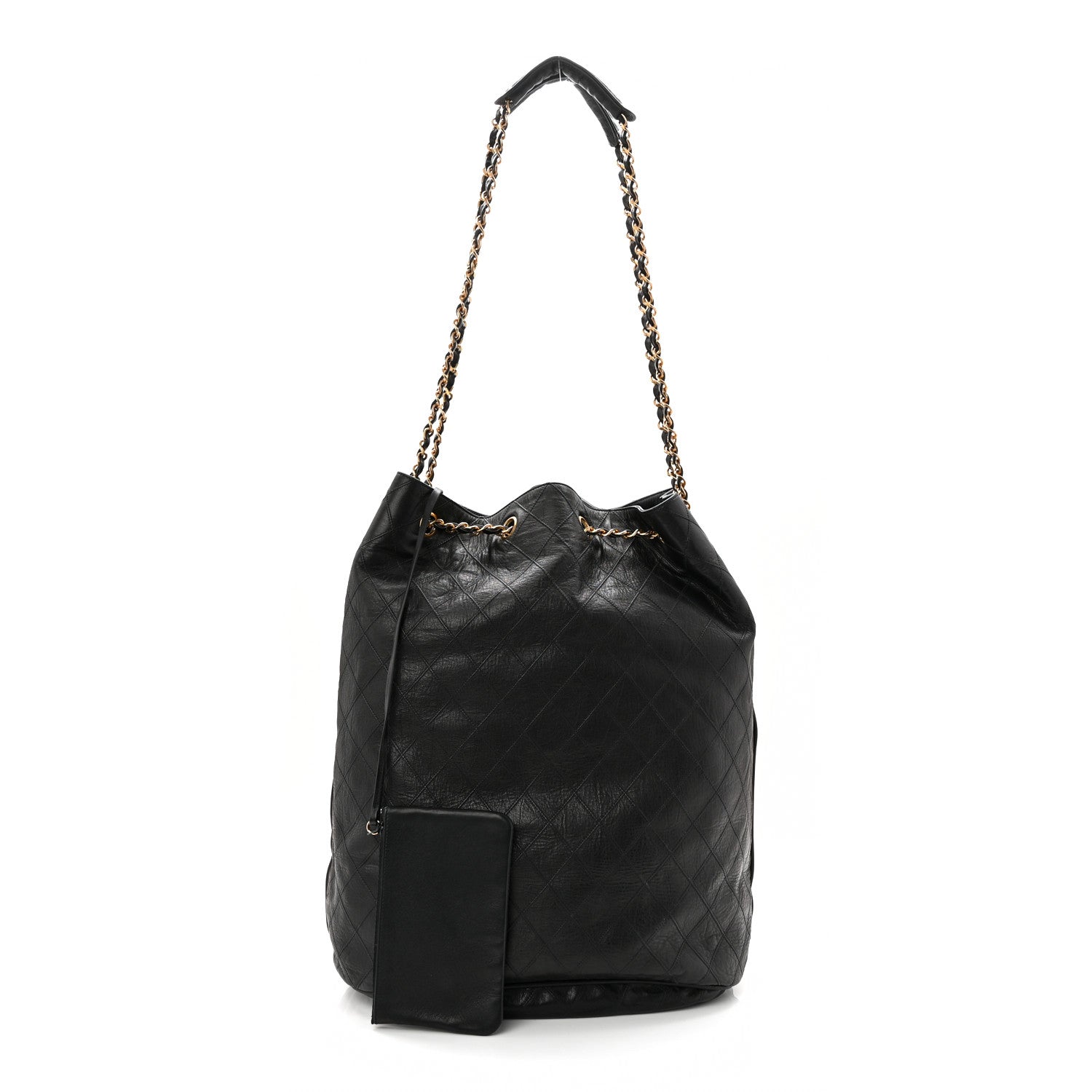 Chanel Grained Calfskin Quilted Drawstring Bucket Bag Black