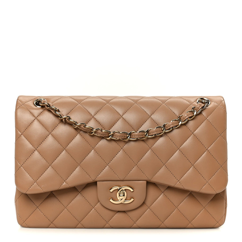 Chanel Lambskin Quilted Jumbo Double Flap Dark Beige