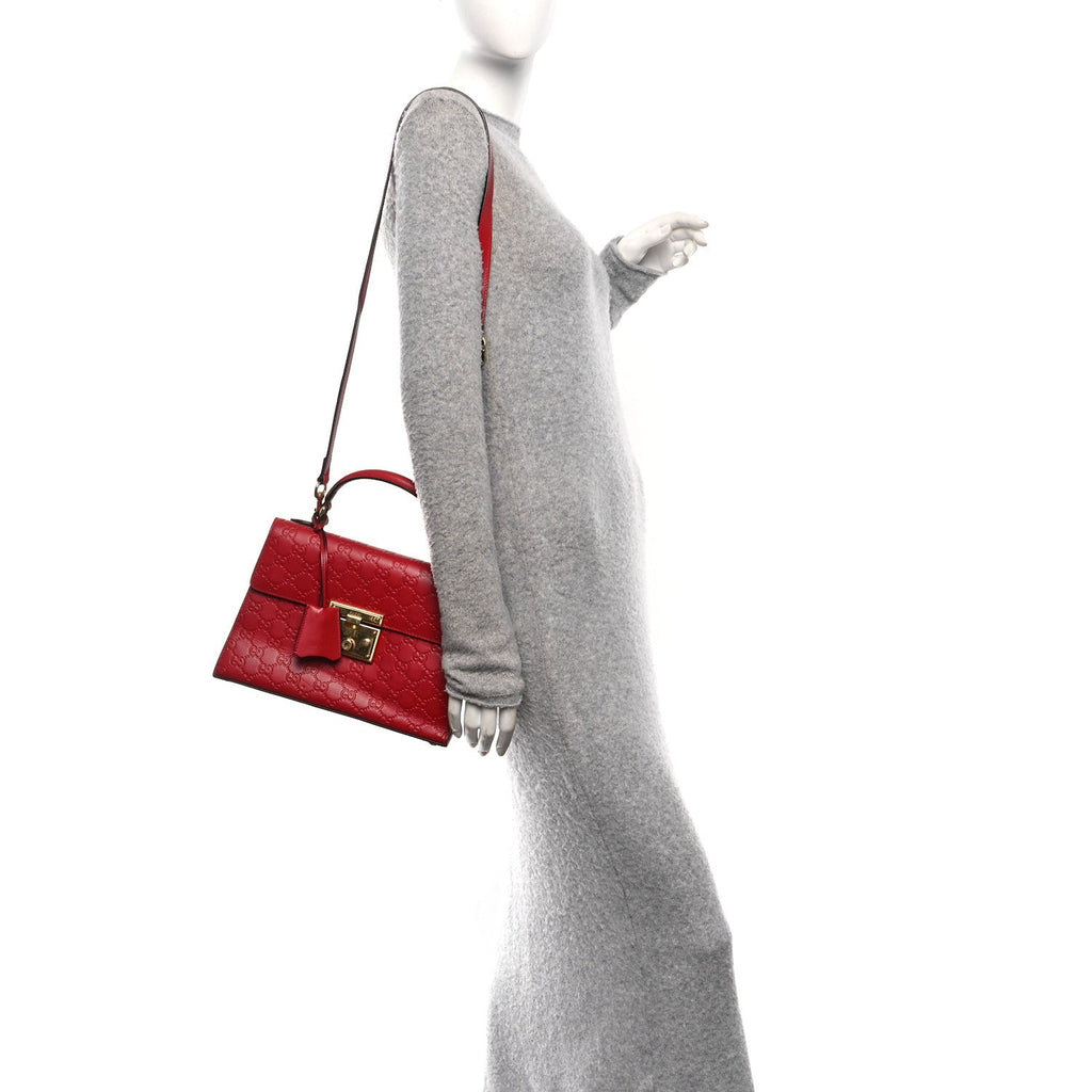Gucci Guccissima Signature Small Padlock Top Handle Bag Hibiscus Red