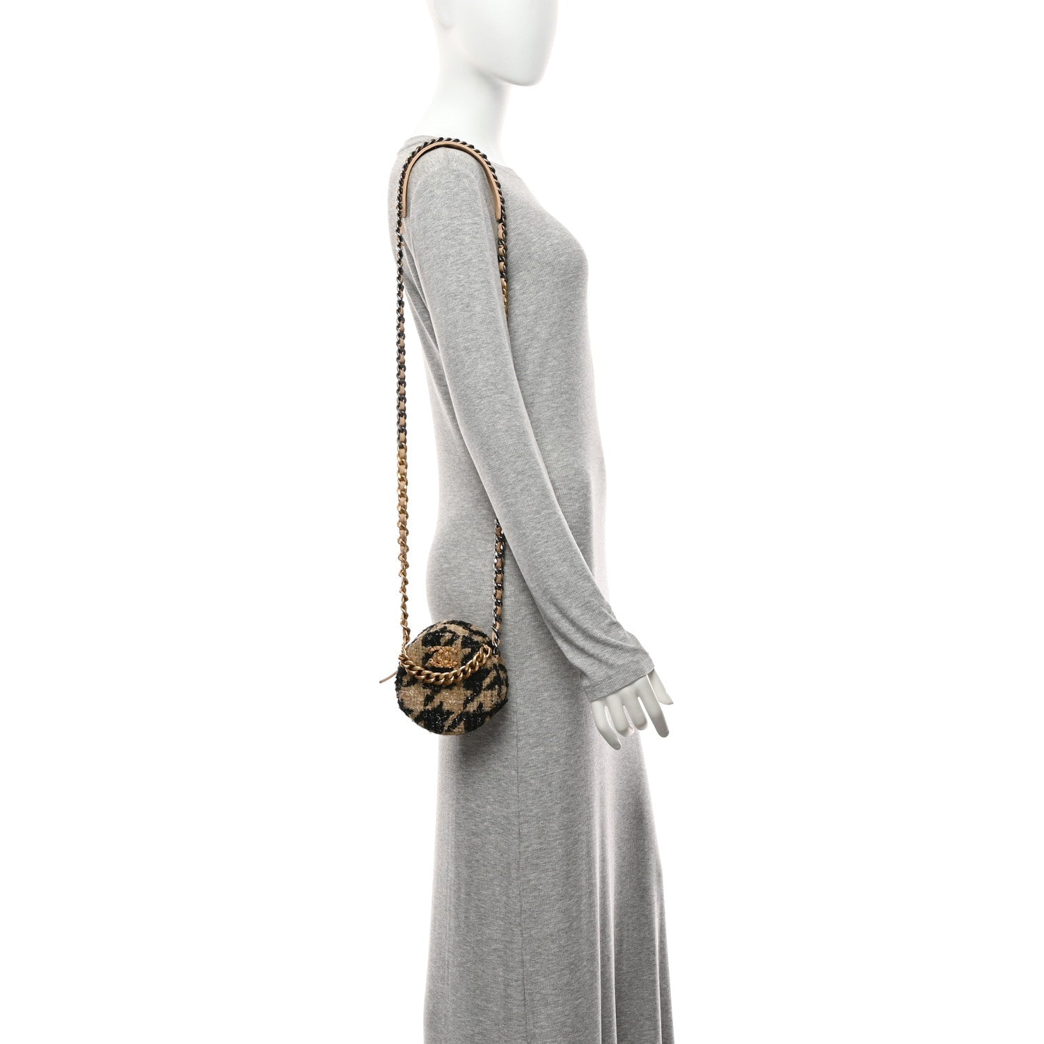 Chanel Wool Tweed Lambskin Quilted Chanel 19 Round Clutch With Chain and Coin Purse Beige Black