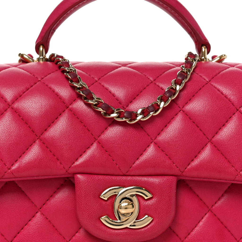 Chanel Lambskin Quilted Mini Top Handle Rectangular Flap Dark Pink