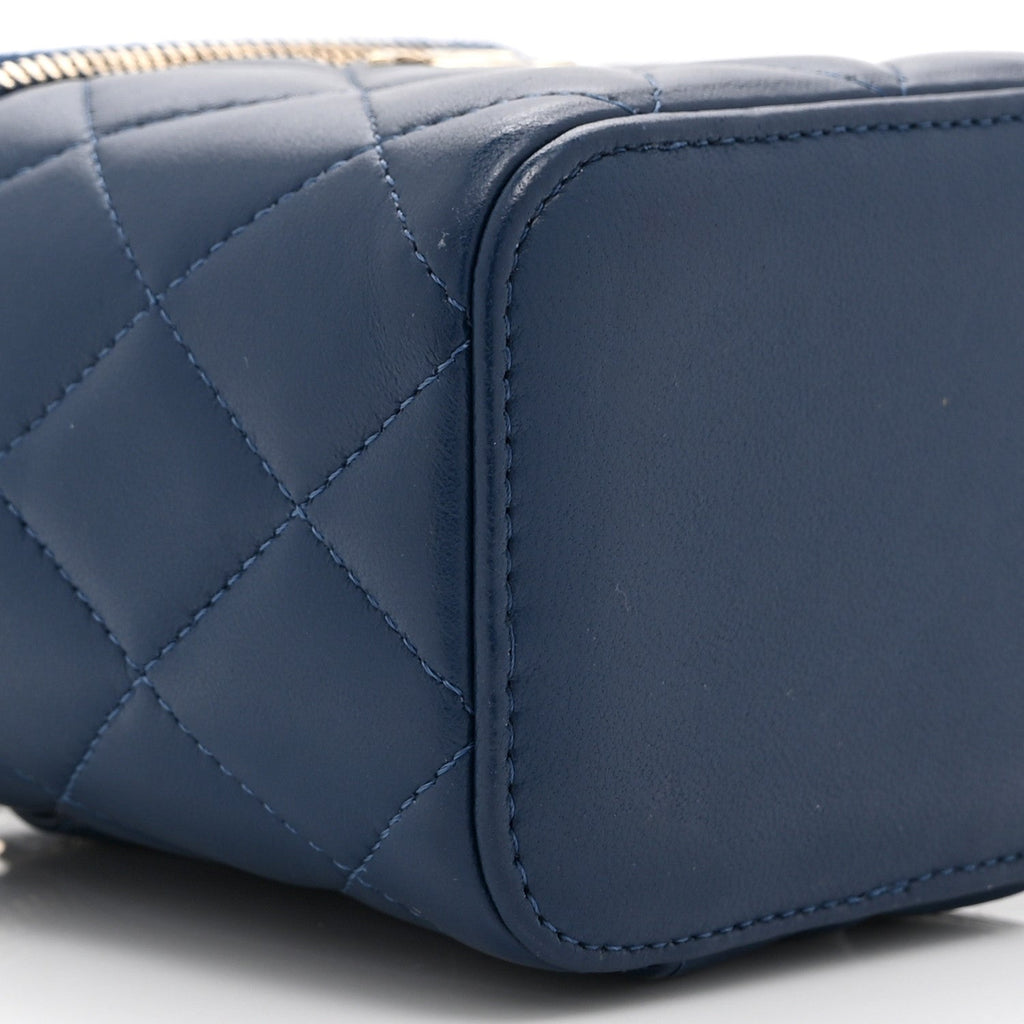 Chanel Lambskin Quilted Top Handle Mini Vanity Case With Chain Blue