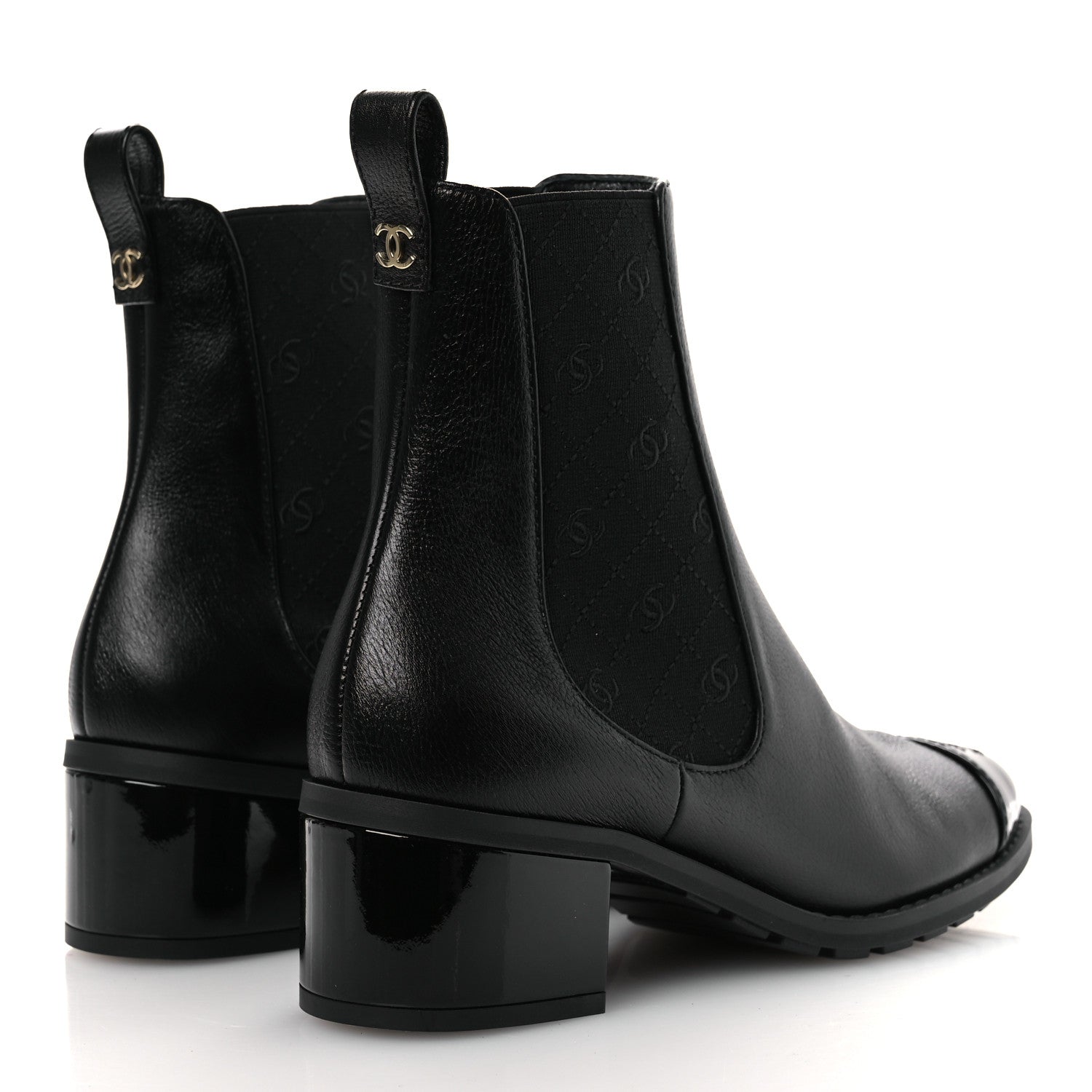 Chanel Shiny Grained Calfskin Patent Cap Toe Interlocking CC Short Boots 37.5 Black
