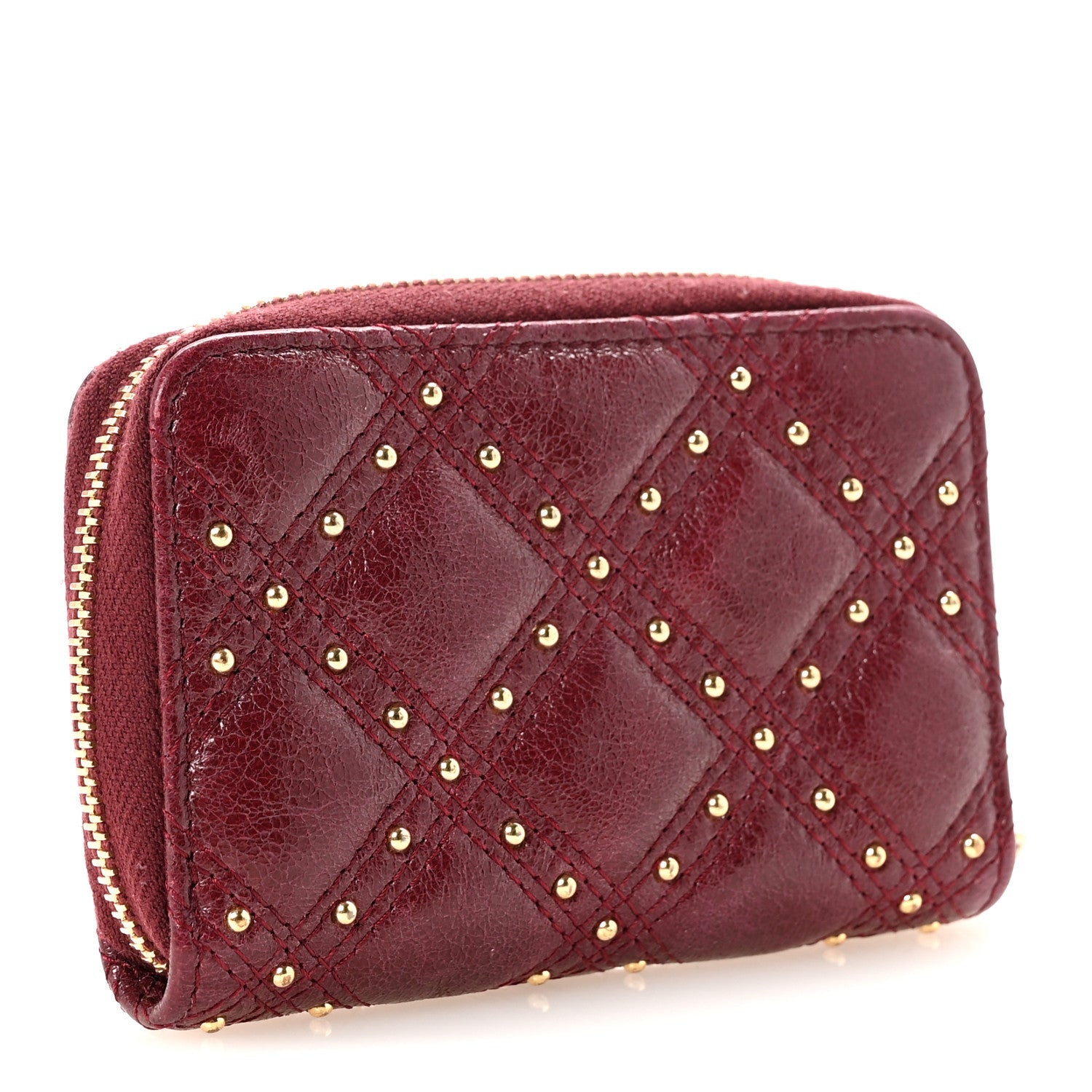 Lambskin Studded Quilted Compact Zip Around Wallet Burgundy