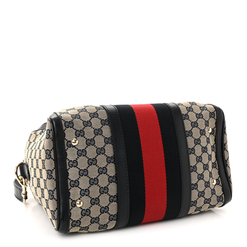 Gucci Monogram Selleria Calfskin Vintage Web Medium Boston Beige Blue