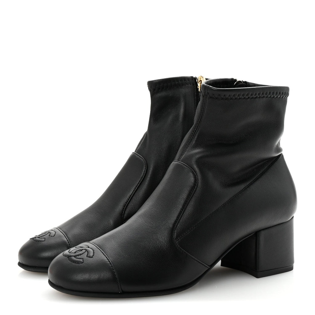 Chanel Stretch Lambskin Cap Toe CC Short Boots 35 Black