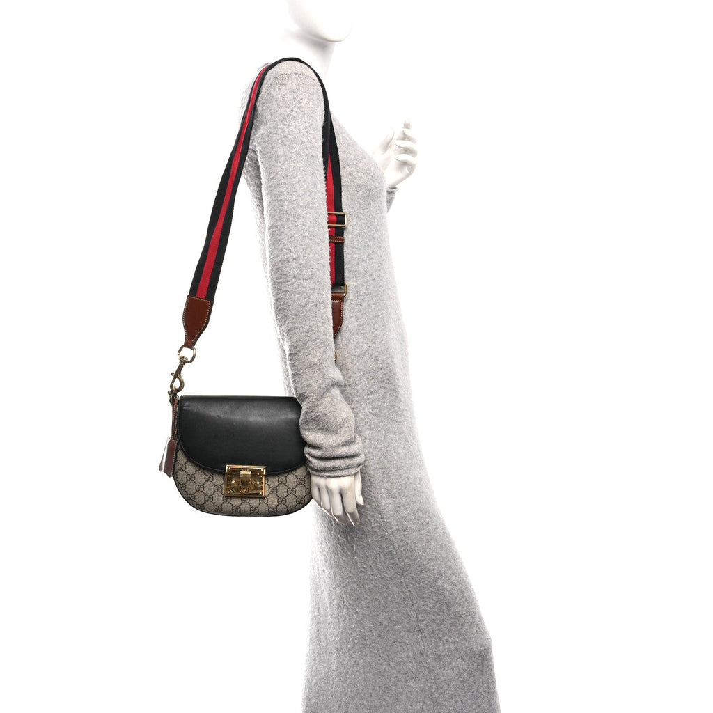 Gucci GG Supreme Monogram Web Medium Padlock Messenger Shoulder Bag Black