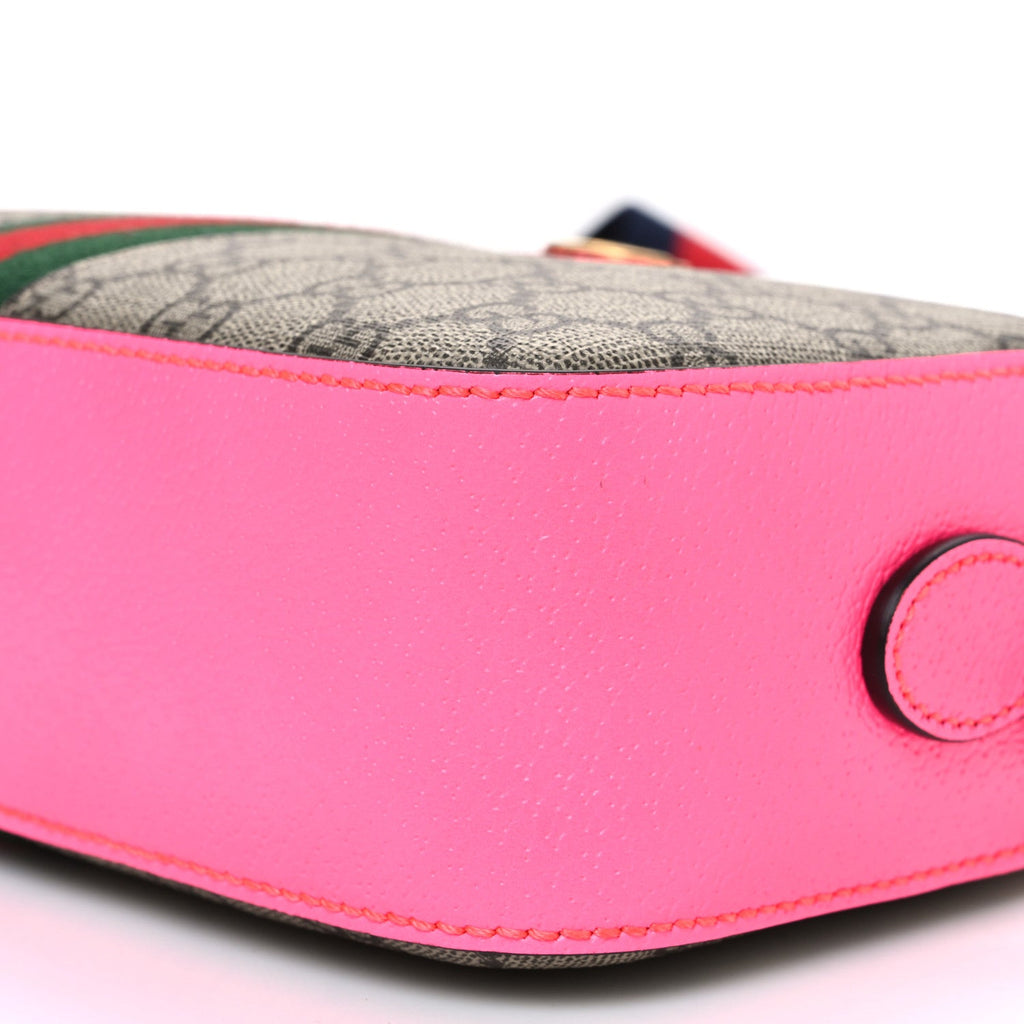 Gucci GG Supreme Monogram Textured Dollar Calfskin Web Ophidia Small Crossbody Bag Beige Ebony Fuchsia