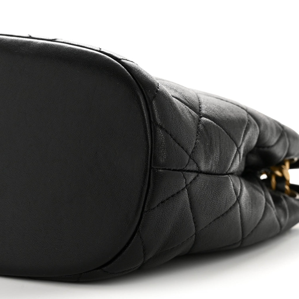 Chanel Lambskin Quilted Chaine Lettre Small Bucket Bag Black