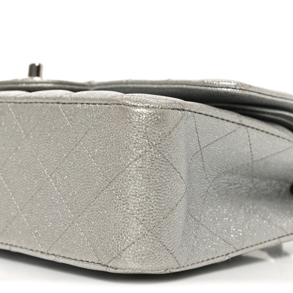 Chanel Glittered Metallic Caviar Quilted Medium Double Flap Silver