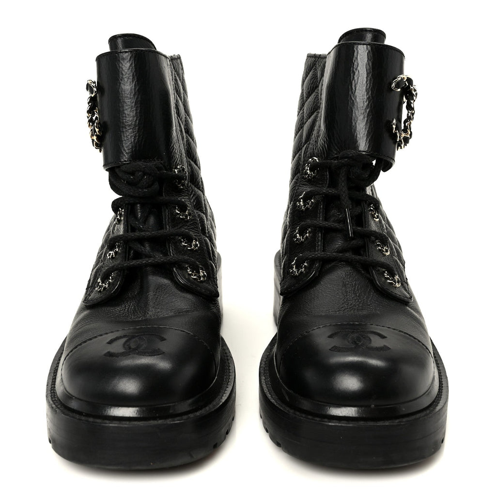 Chanel Shiny Goatskin Calfskin Quilted Lace Up Combat Boots 37.5 Black