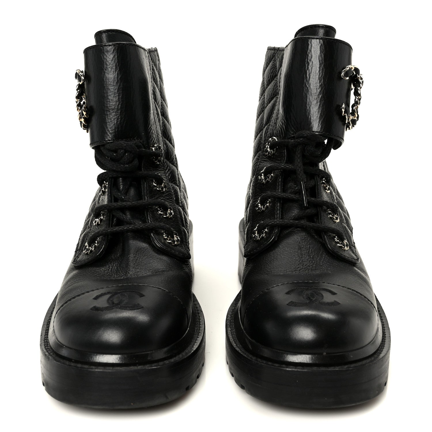 Chanel Shiny Goatskin Calfskin Quilted Lace Up Combat Boots 37.5 Black