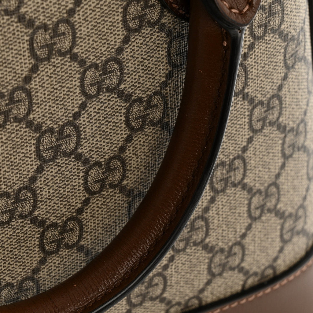Gucci GG Supreme Monogram Azalea Calfskin Small Horsebit 1955 Top Handle Bag Beige Ebony Brown Sugar