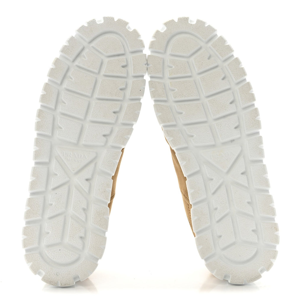 Prada Suede Shearling Triangle Logo Downtown Sneakers 40 Ecru