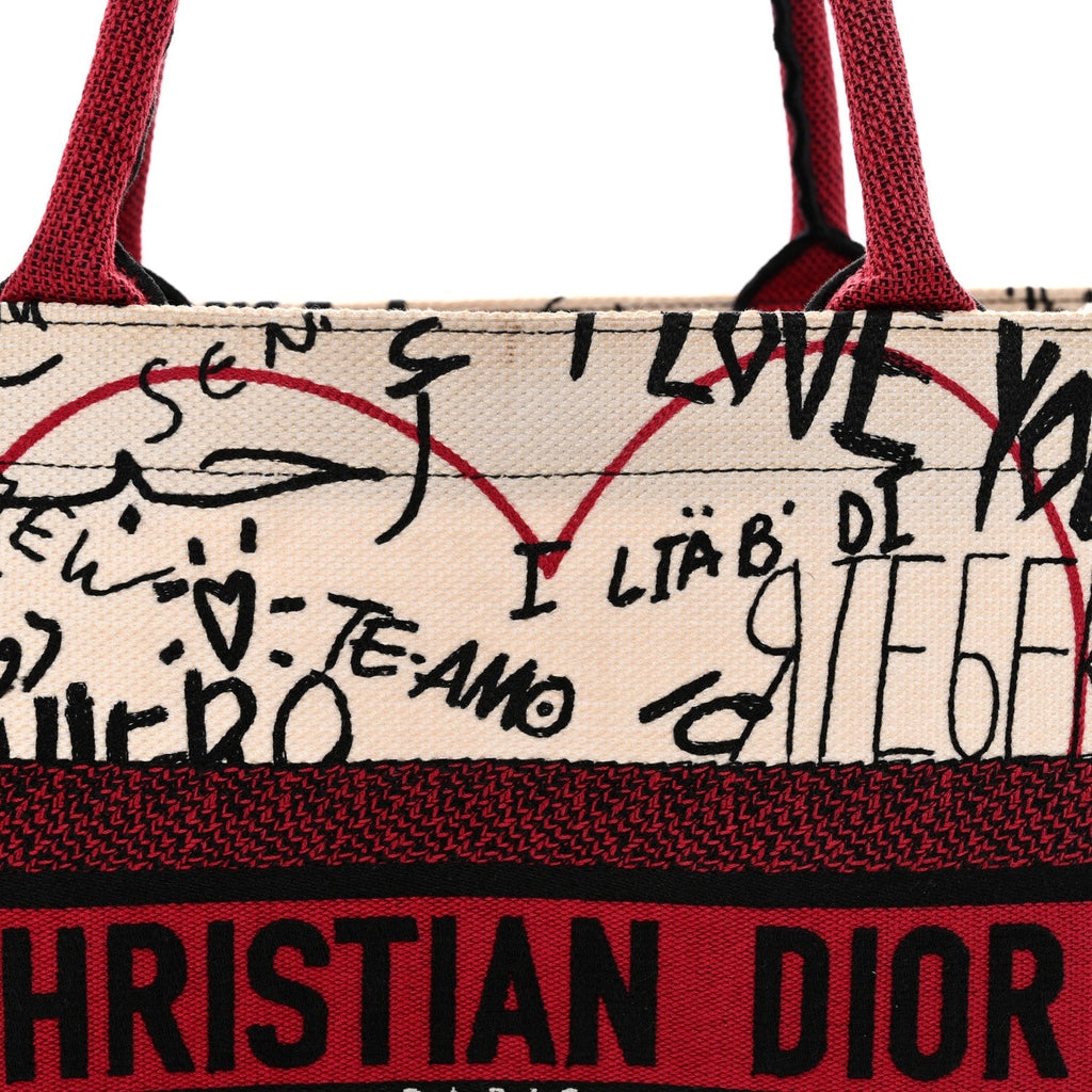 Christian Dior Canvas Embroidered Medium Dioramour Graffiti Book Tote Latte Multicolor