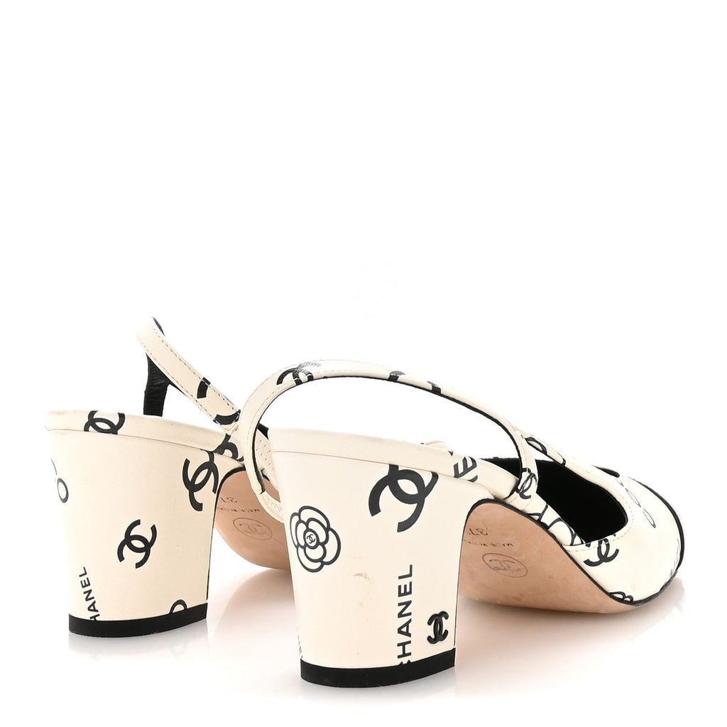 Printed Lambskin Cap Toe CC Slingback Pumps 37.5 Black White