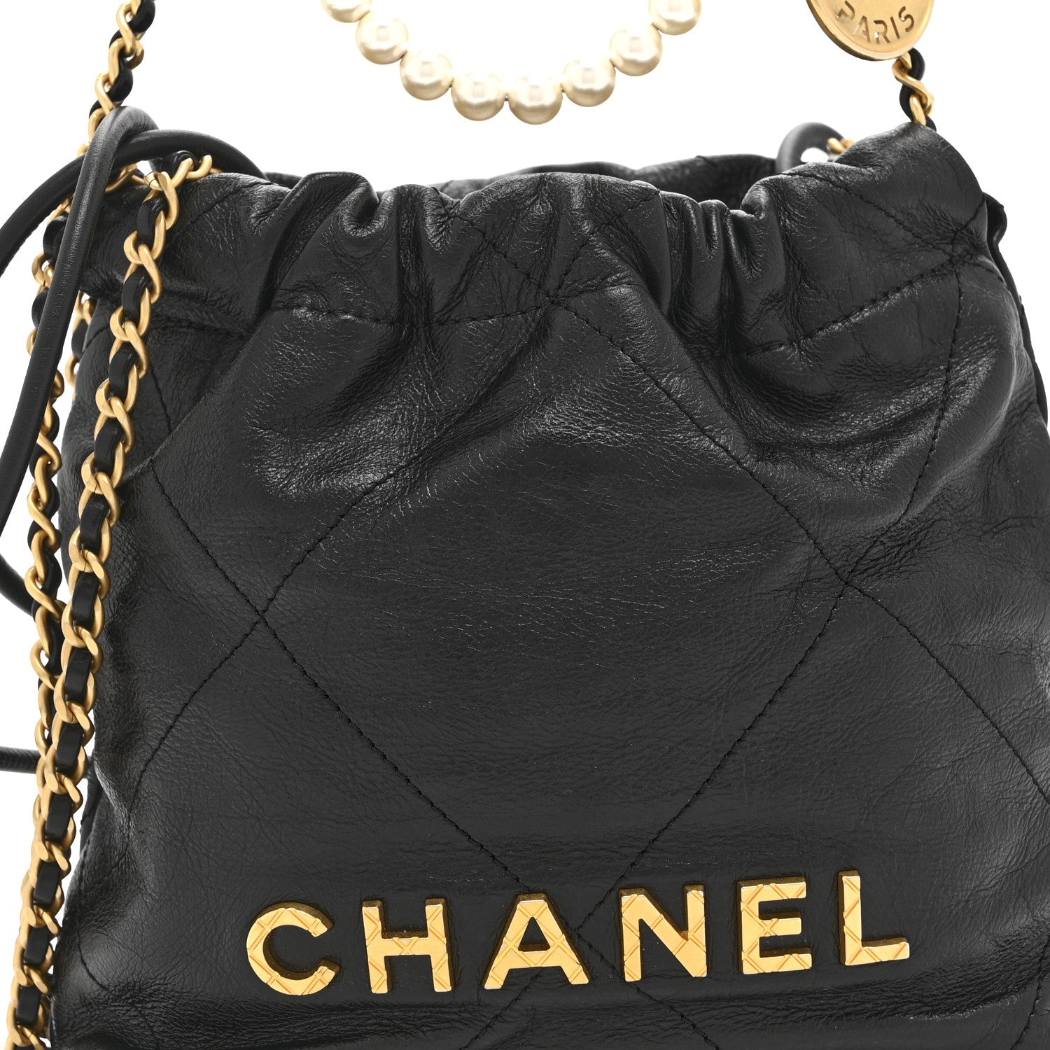 Chanel Shiny Crumpled Calfskin Quilted Pearl Mini Chanel 22 Black
