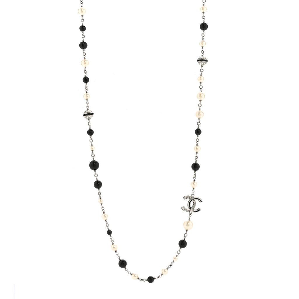 Metal Pearl Crystal Bead CC Long Necklace Black Silver