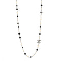 Metal Pearl Crystal Bead CC Long Necklace Black Silver