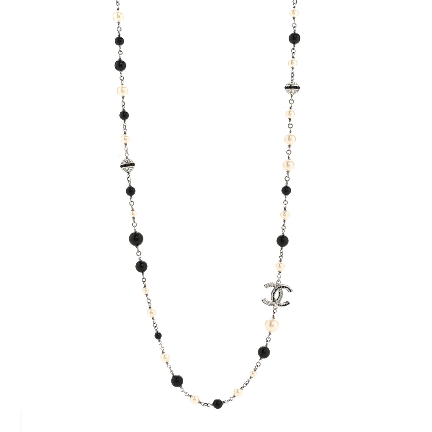 Metal Pearl Crystal Bead CC Long Necklace Black Silver
