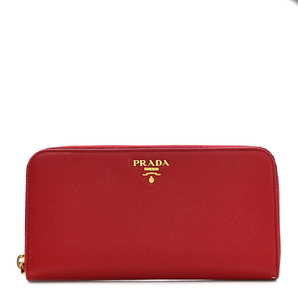 Prada Saffiano Metal Zip Around Wallet Fuoco