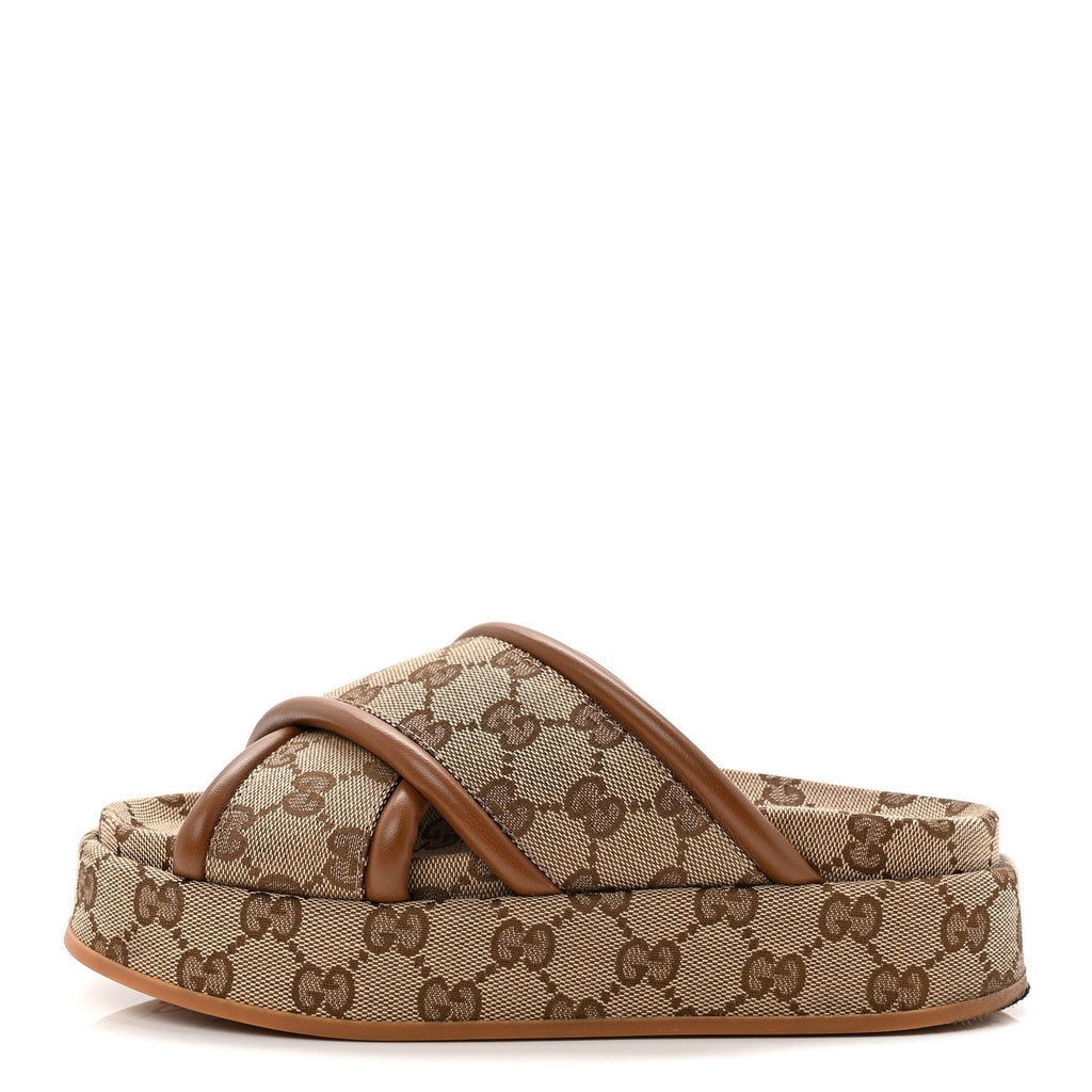 Gucci Monogram GG Calfskin Angelina Platform 55mm Slide Sandals 35 Camel Ebony