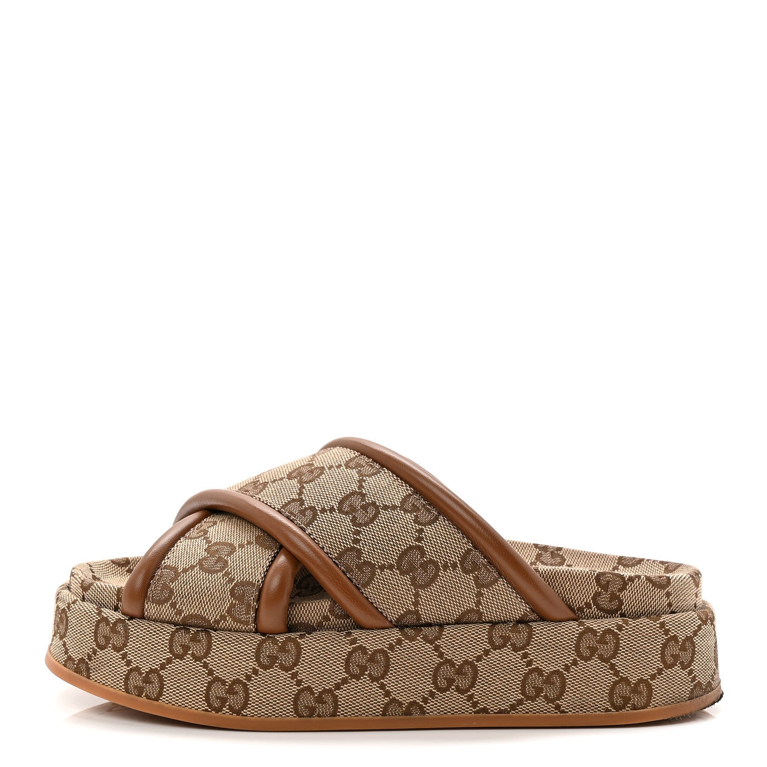 Gucci Monogram GG Calfskin Angelina Platform 55mm Slide Sandals 35 Camel Ebony