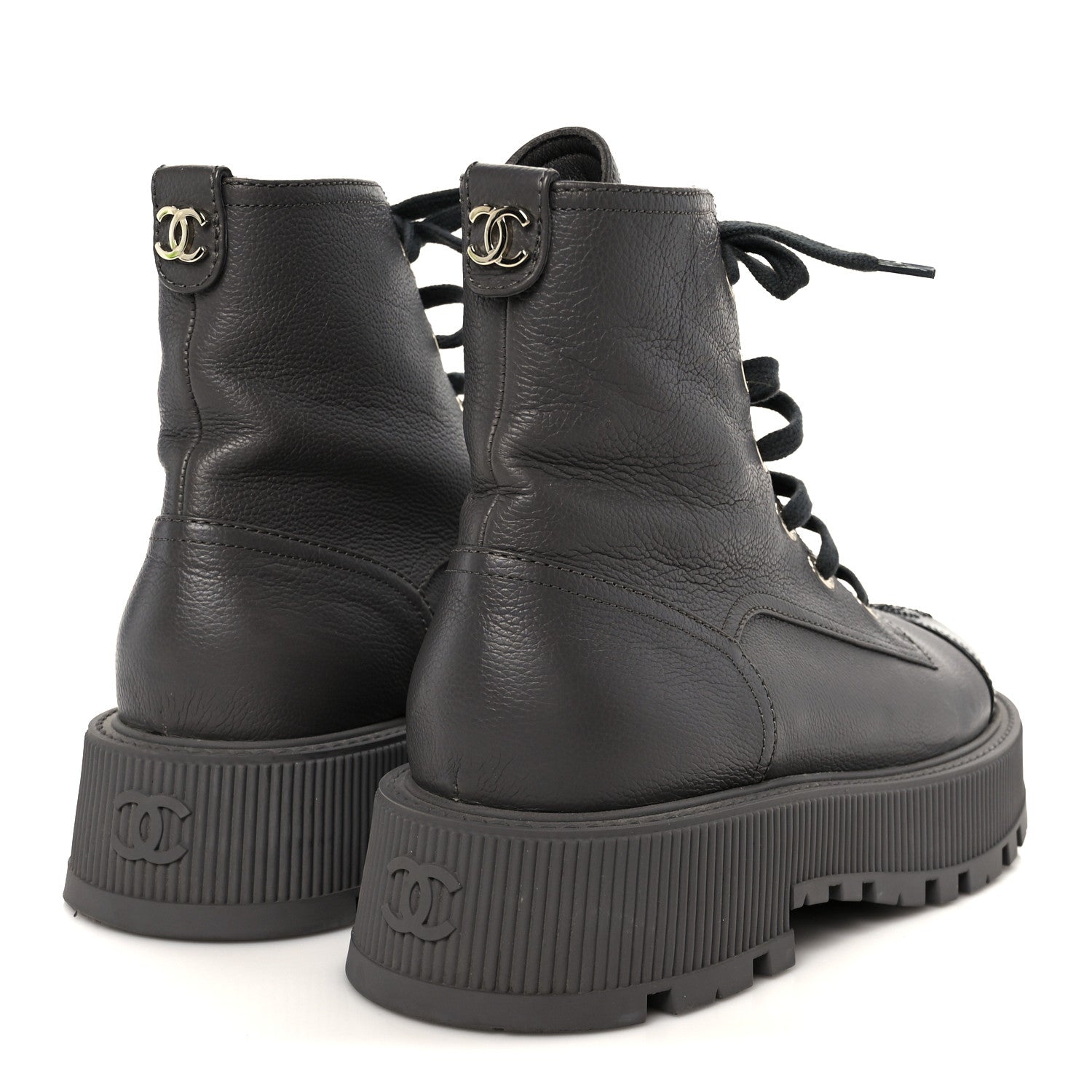 Grained Calfskin Shiny Calfskin CC Lace Up Combat Boots 41 Gray Black