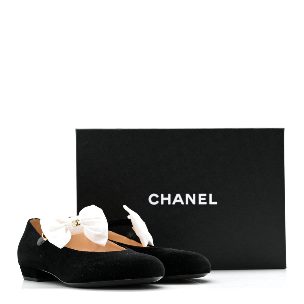Chanel Velvet Grosgrain Bow Mary Jane Flats 38 Black White