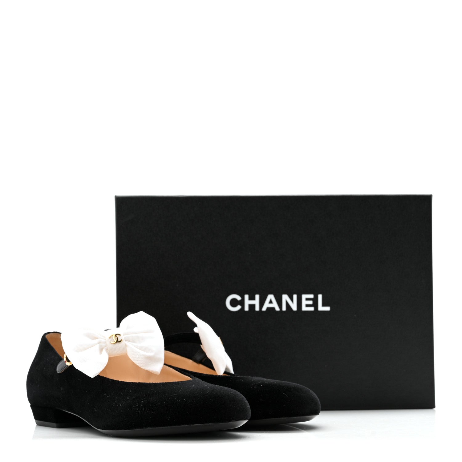 Chanel Velvet Grosgrain Bow Mary Jane Flats 38 Black White