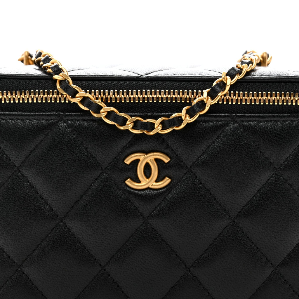 Chanel Lambskin Enamel Quilted Small Coco Hearts Vanity Case With Chain Black