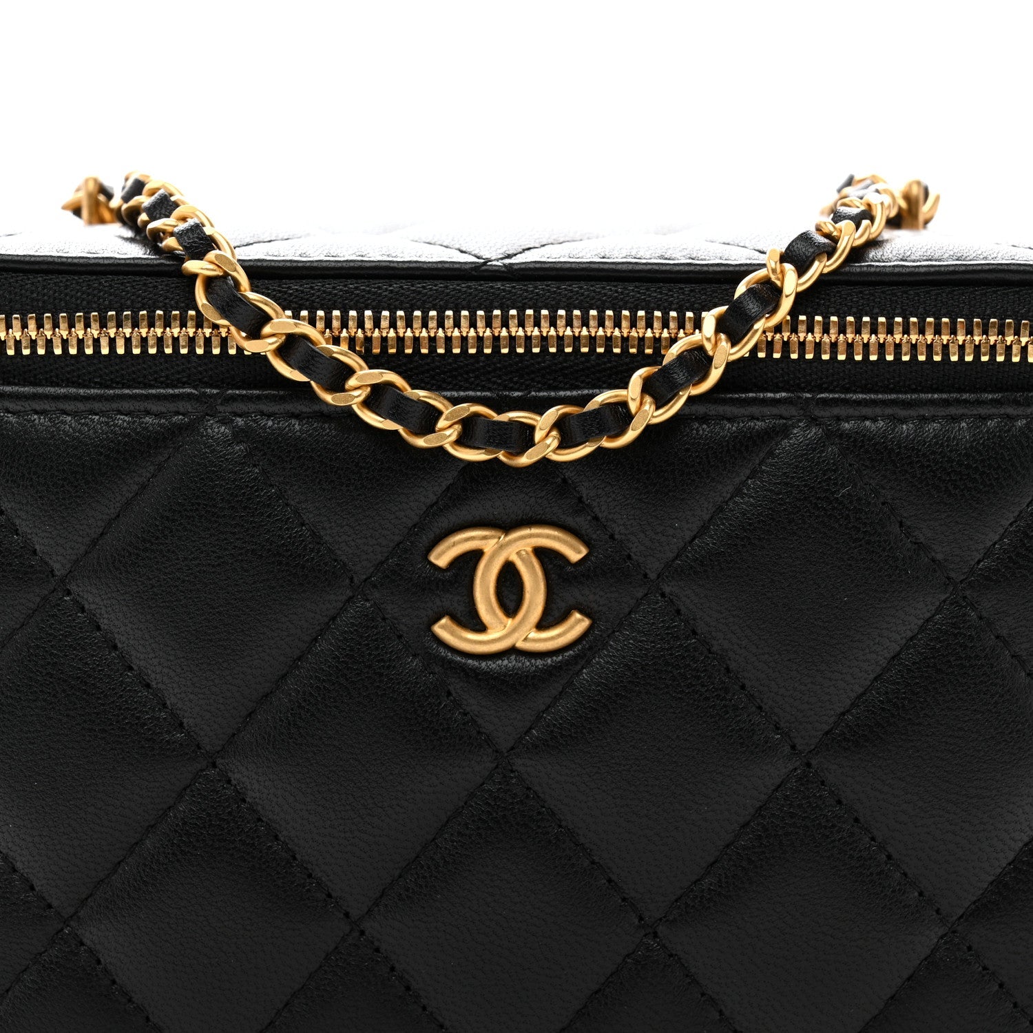 Chanel Lambskin Enamel Quilted Small Coco Hearts Vanity Case With Chain Black